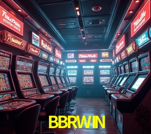 Escena dinámica inspirada en casino con iluminación BBRWIN, cartas, fichas e íconos de juegos digitales en un espacio moderno de juegos.